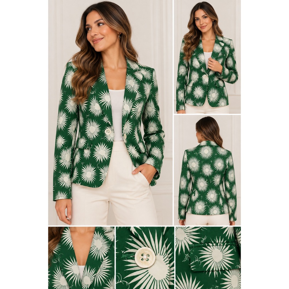 Milly Blazer Womens 10 Clover Green White Floral Print Jacket Made in USA